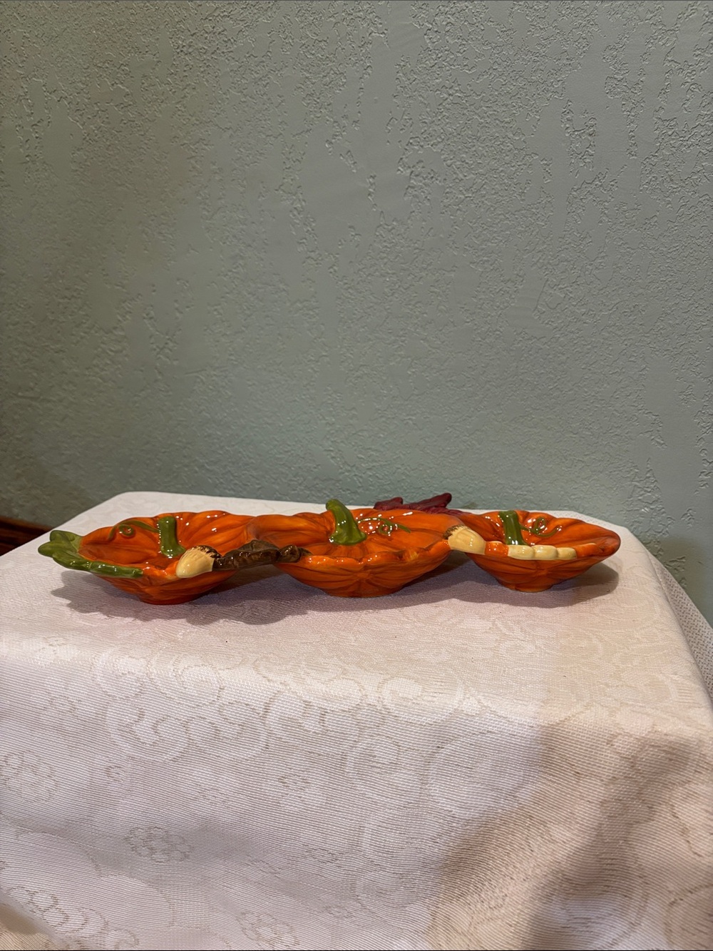 Kohl's Orange Pumpkin Trio Ceramic Serving Dish with Green Stem Accents